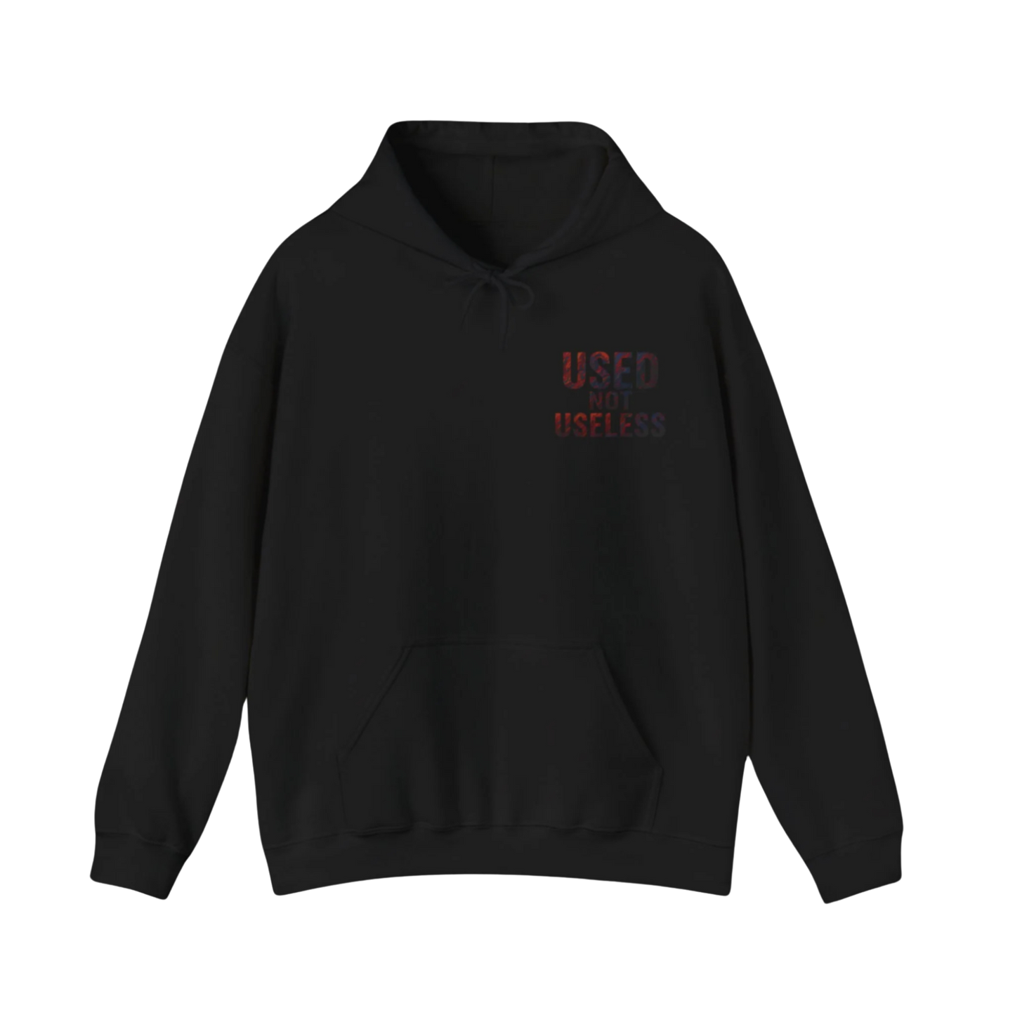 Black hoodie with front pocket and drawstring, featuring “USED NOT USELESS” gradient text in red to dark shade on chest