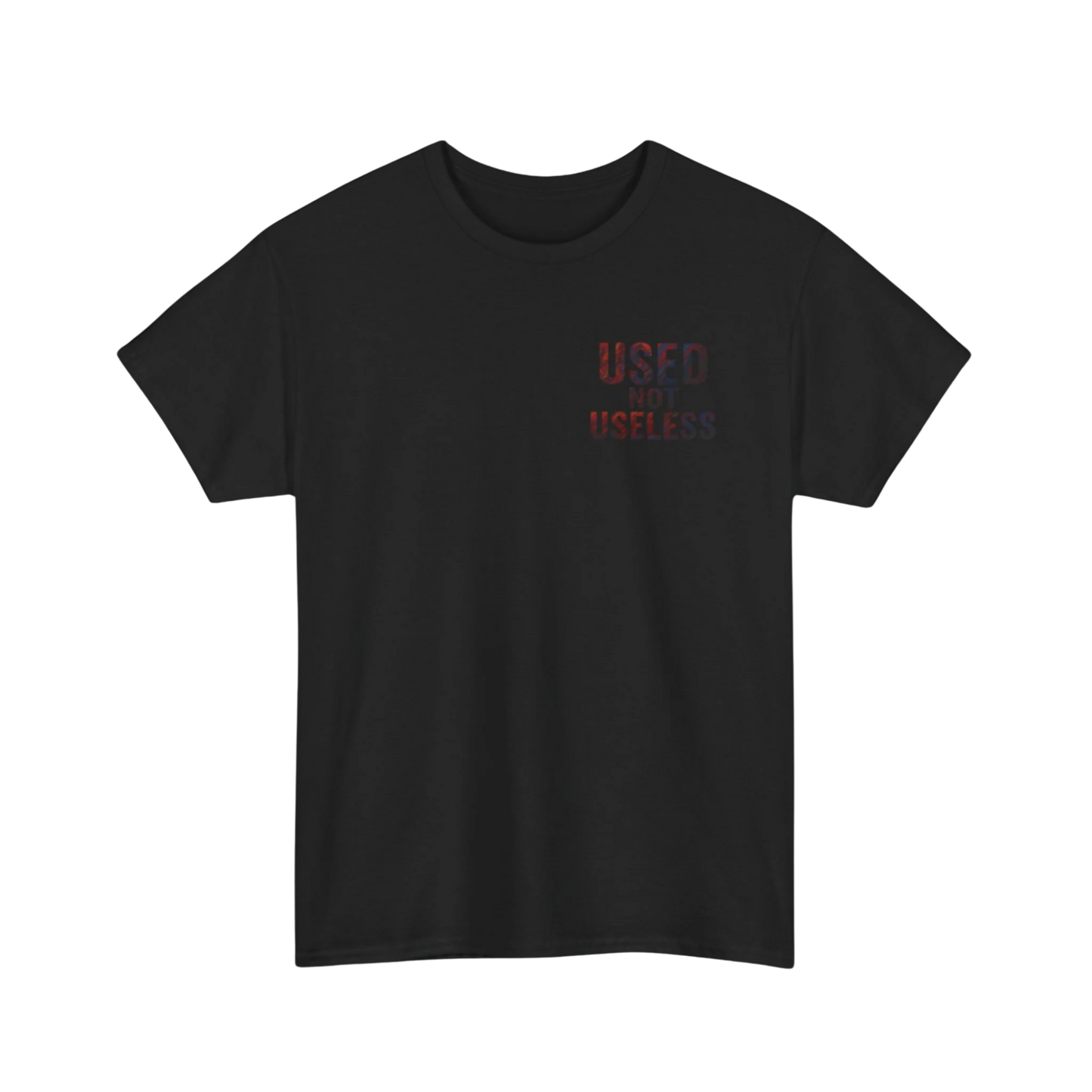 Black t-shirt with gradient “USED NOT USELESS” text in red to purple on chest, minimalist design