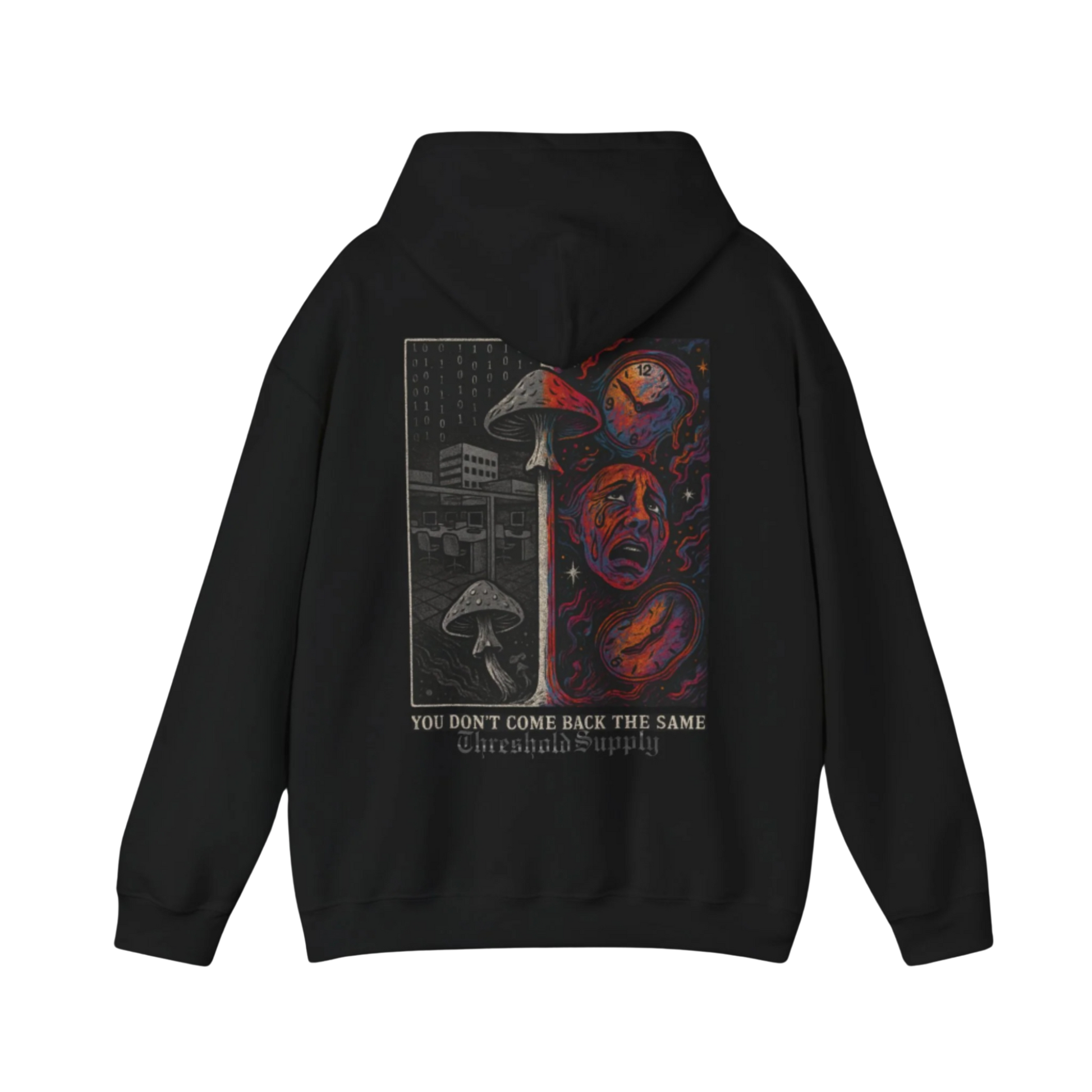 Used, not Useless hoodie with grayscale and psychedelic artwork, melting clocks and mushrooms