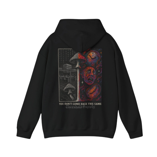 Used, not Useless hoodie with grayscale and psychedelic artwork, melting clocks and mushrooms