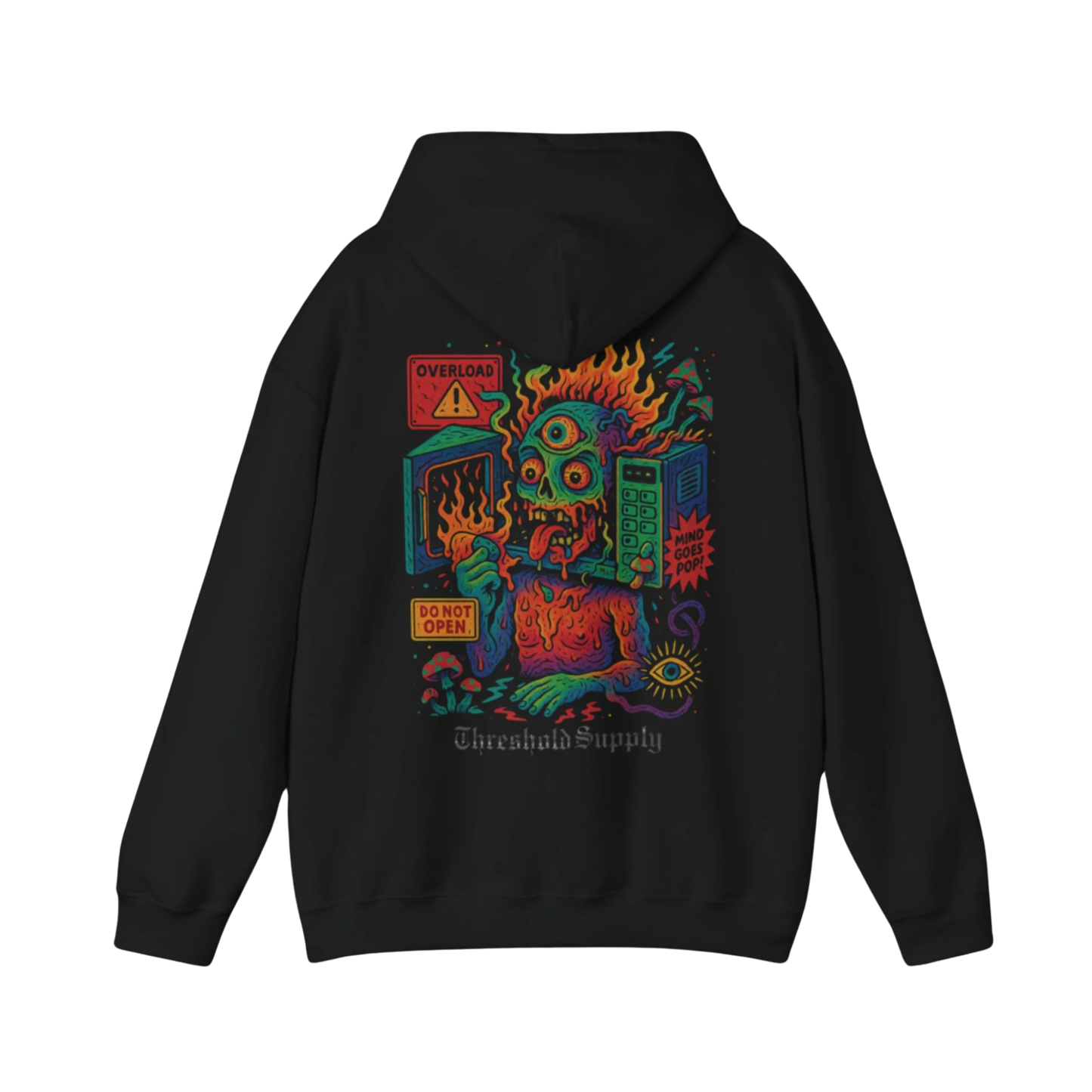 Overheat Your Reality hoodie with flaming skull graphic and surreal glitch-style artwork