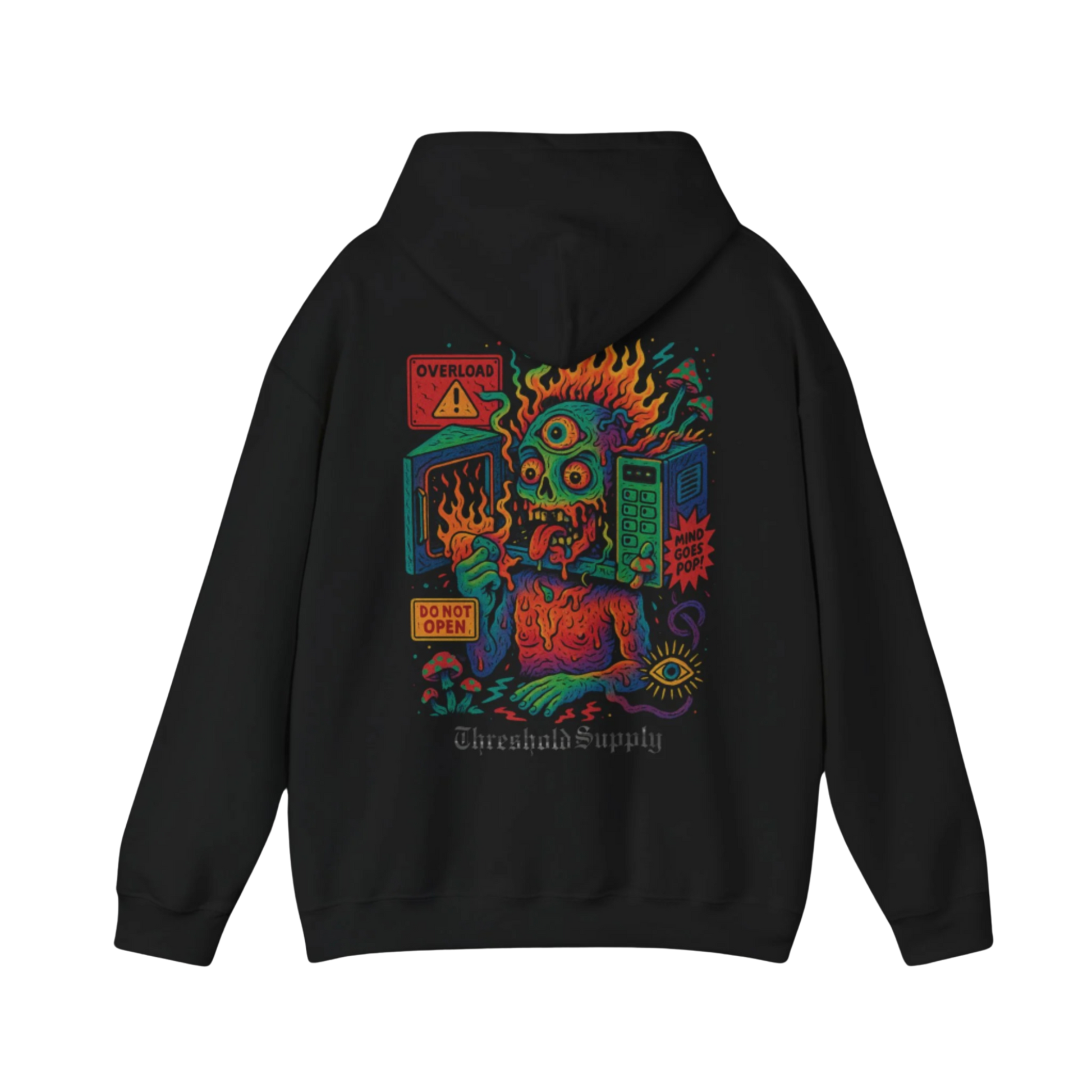 Overheat Your Reality hoodie with flaming skull graphic and surreal glitch-style artwork