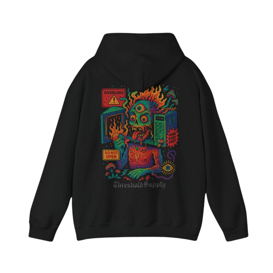 Overheat Your Reality hoodie with flaming skull graphic and surreal glitch-style artwork
