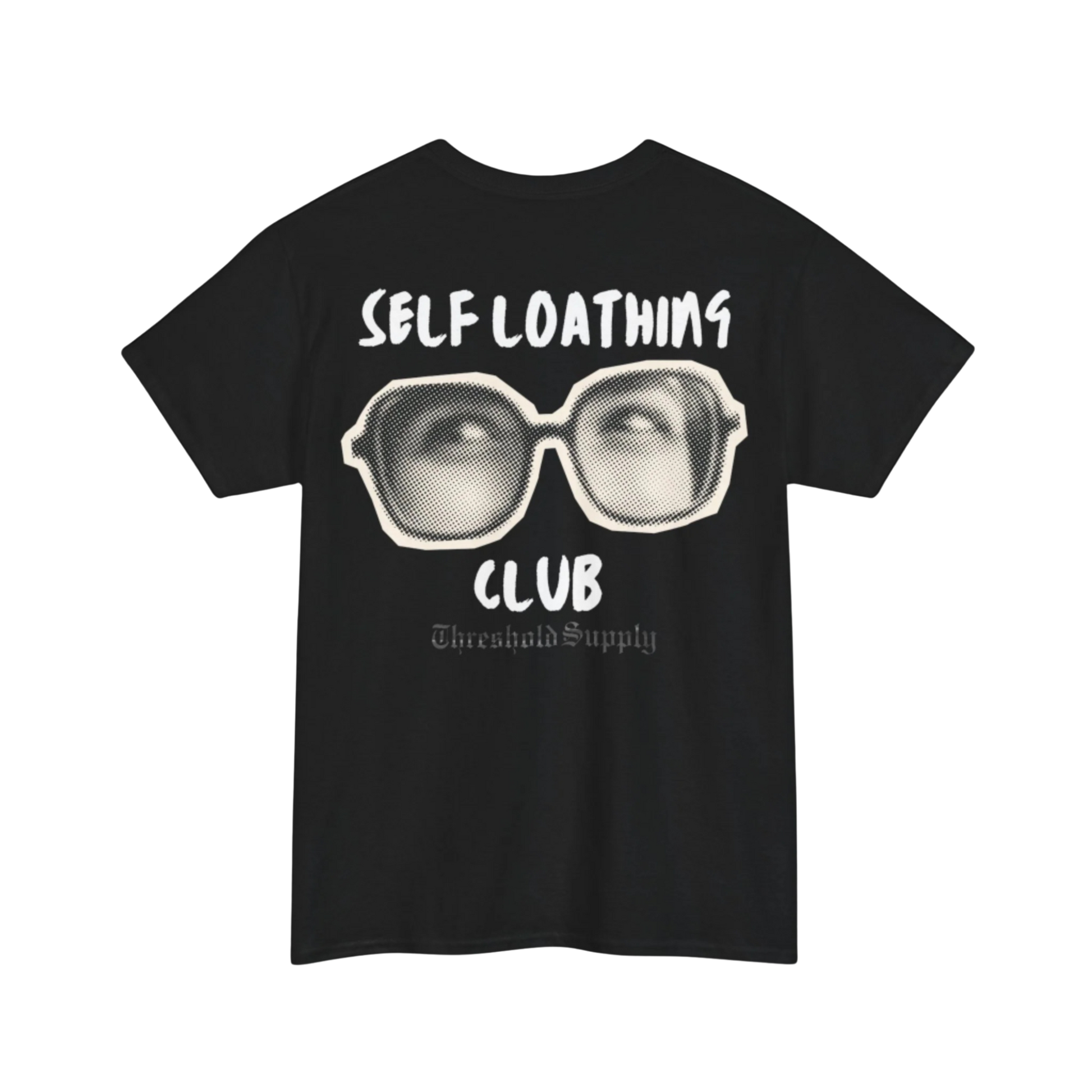 Self Loathing Club T-Shirt with blurred badge emblem and bold minimalist typography