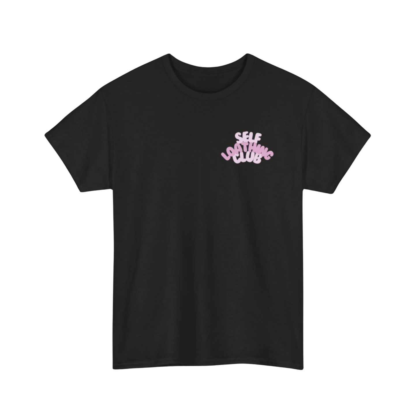 Black t-shirt with pink “SELF LOATHING CLUB” text in wavy font on upper left chest