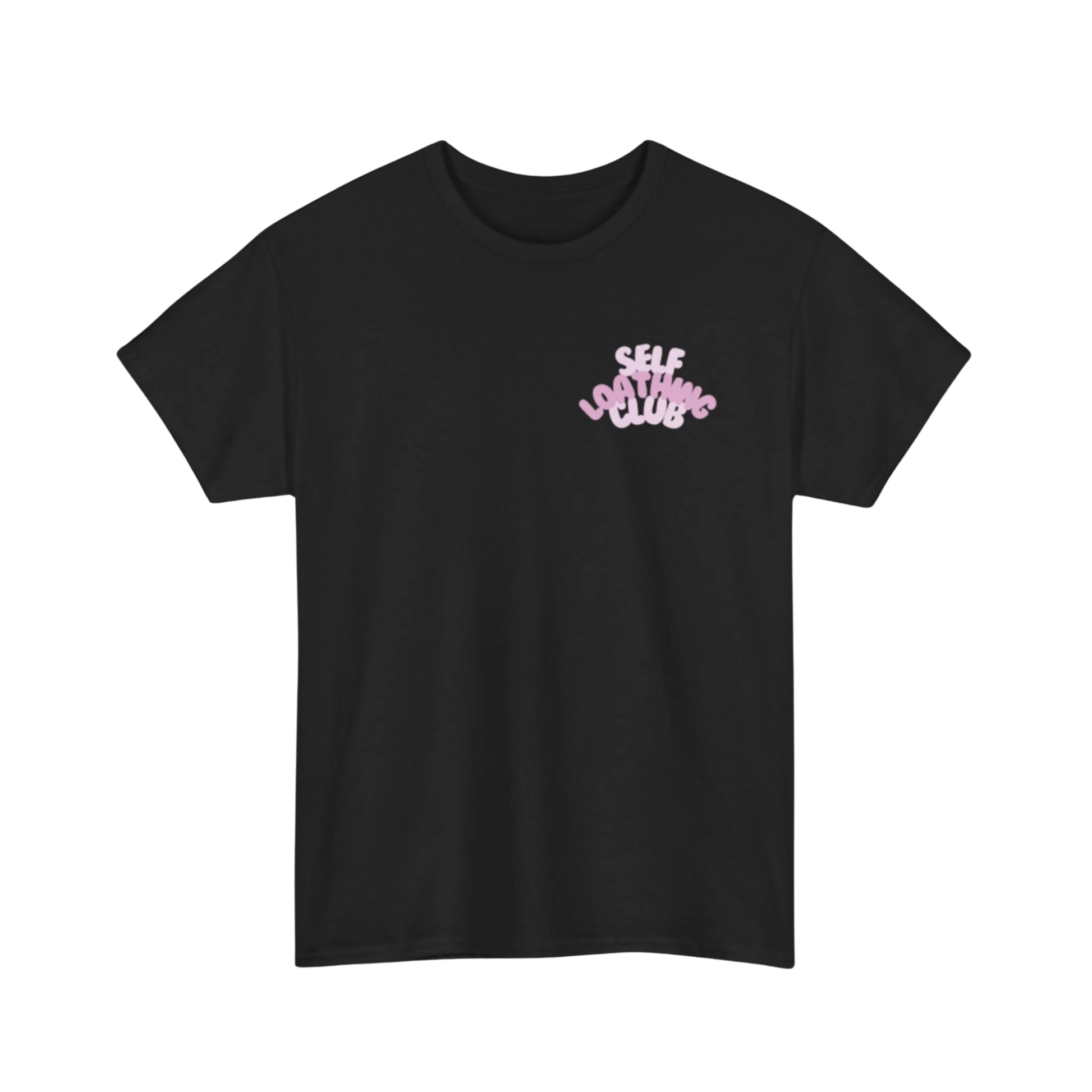 Black t-shirt with pink “SELF LOATHING CLUB” text in wavy font on upper left chest