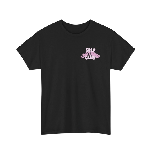 Black t-shirt with pink “SELF LOATHING CLUB” text in wavy font on upper left chest