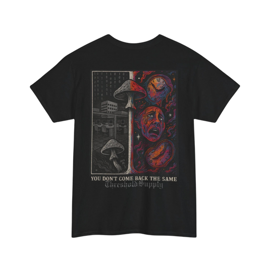 Black t-shirt with gradient “USED NOT USELESS” text in red to purple on chest, minimalist design