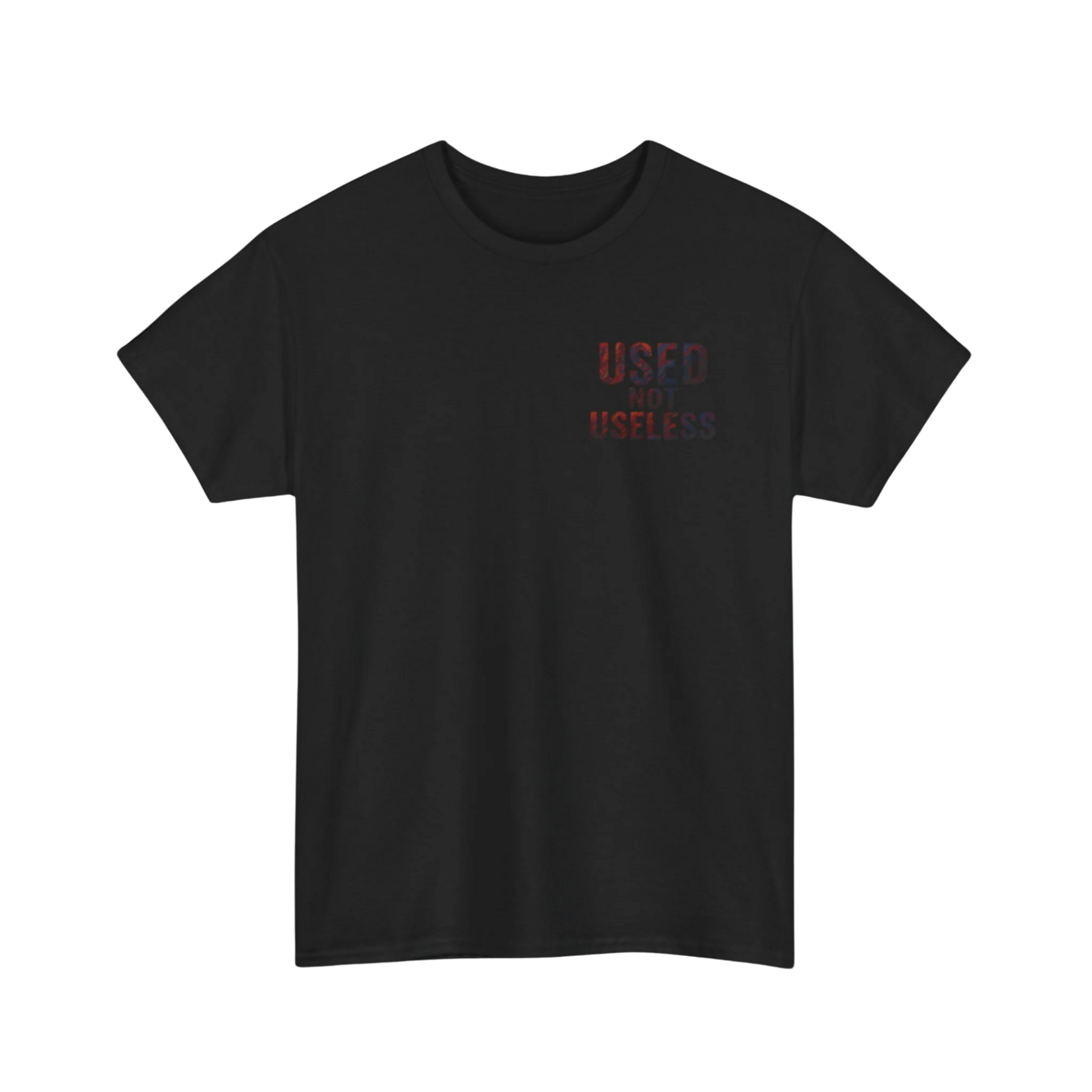 Black t-shirt with gradient “USED NOT USELESS” text in red to purple on chest, minimalist design